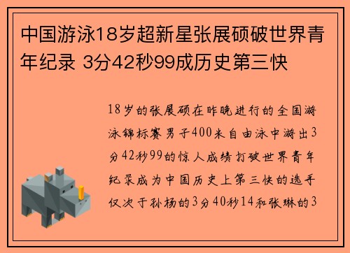 中国游泳18岁超新星张展硕破世界青年纪录 3分42秒99成历史第三快