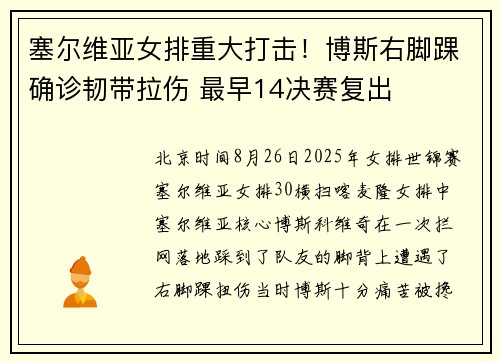 塞尔维亚女排重大打击！博斯右脚踝确诊韧带拉伤 最早14决赛复出